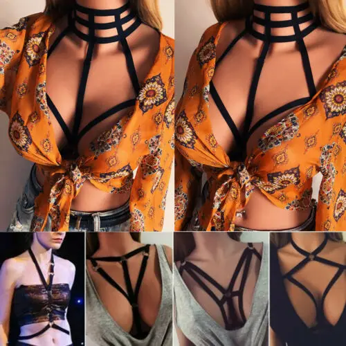 2019 Sexy Lady Halter Bandage Bra Women Harness Bra Caged Bralet Plunge Crop Top Choker Gothic Body Chain Lingerie