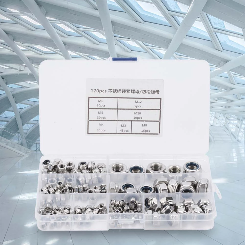 

170pcs/box Stainless Steel Self-locking Hex Nut Fastener Lock Nuts Stainless Steel Hex Nuts