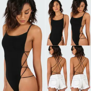 

New Women V Neck Lace Up Bandage Bodysuit Leotard Romper Tops Jumpsuit/