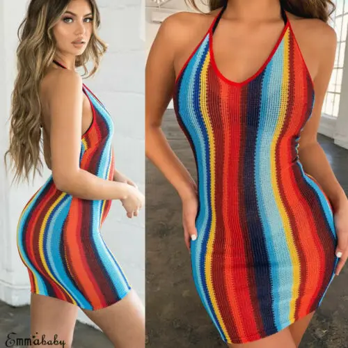 

Fashion Women Sexy Halterneck Stripe Backless Mini Dress Multi color Bodycon Beach Sundress Party Club Wear