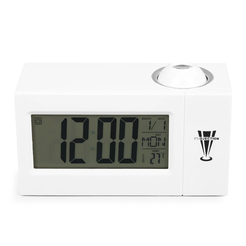 

LED Projection Alarm Clock Digital Electronic Clock with 7Different Texts Display Voice-activated Backlight Projector Desk Table