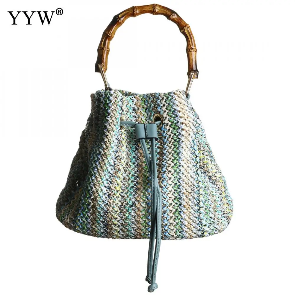 

2019 Sky Blue Woven Straw Tote Bags For Women Beach Handbags Bolsa Feminina Summer Fashion Drawstring Handmade Kintted Handbag
