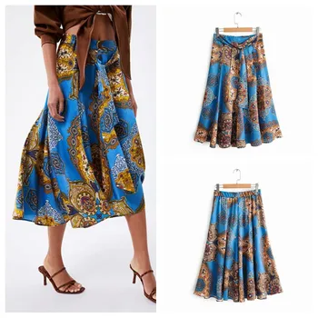 

Women Bohemian Floral Print Wrap Skirt Bow Tie A line Female Casual Sweet Mid Calf Skirts Faldas Mujer