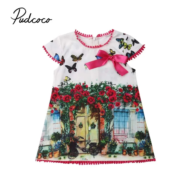 

2019 Brand Summer Toddler Baby Girls Party Dress 3D Printing A-line Sundress New Fashion Floral Toddler Bow Clothes 1-6 Years