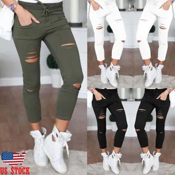 

Army Green Leggings Hole Pencil Stretch Casual Denim Skinny Ripped Pants Fashion women Lady High Waist Broken Hole Trousers