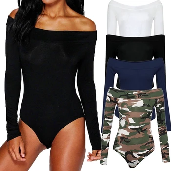 

Women Bodycon Bodysuit Off Shoulder Long Sleeve Romper Leotard Jumpsuit Fashion Camouflage Print Playsuit