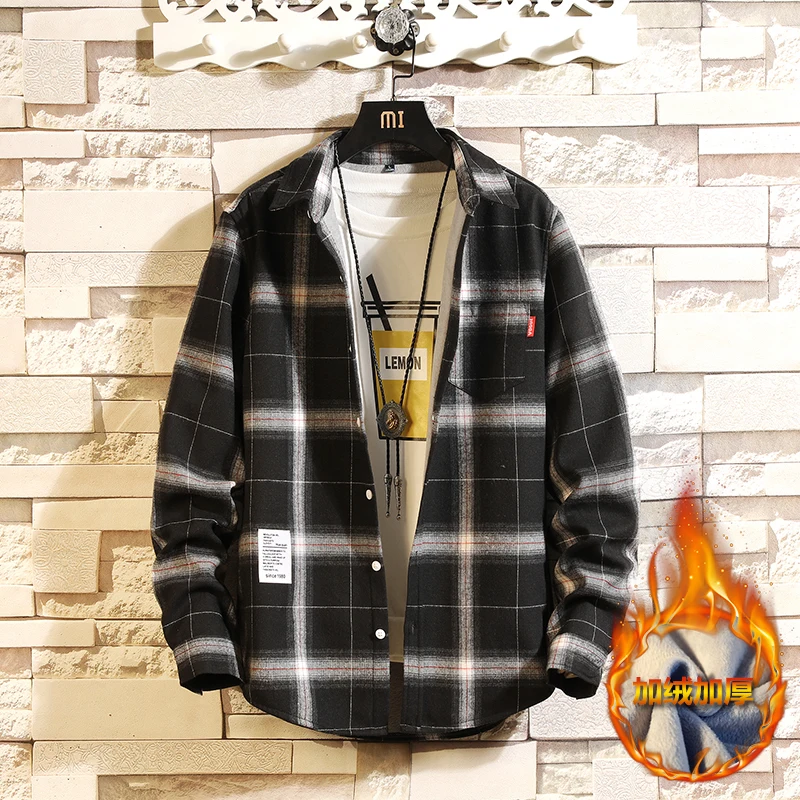 

2018 Autumn and winter New Thickening Lattice Shirt Male Warm Long Sleeve Korean Edition casual loose Cashmere printing coat