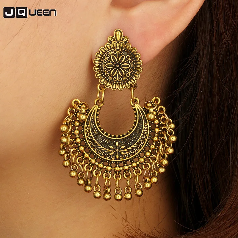 

Fashion Ethnic Gypsy Boho Drop Earrings For Women Antique Gold Silver Carved Hollow Beads Metal Tassel Vintage Earrings