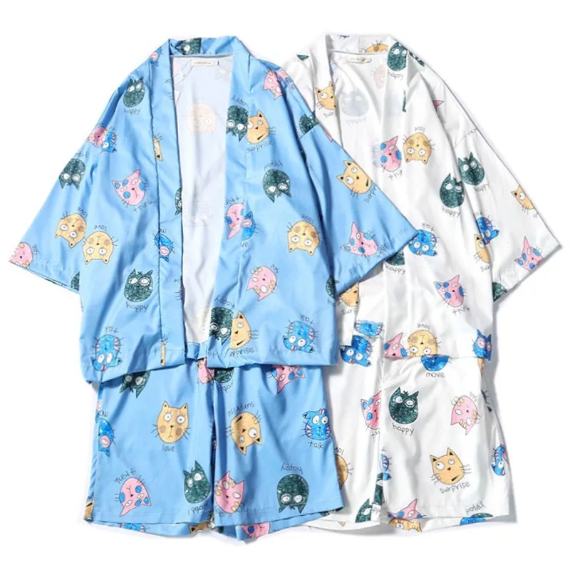 Милые кимоно рубашки для мужчин спортивный костюм брюки наборы из двух частей пляжные повседневные топы костюм для мужчин s Уличная мода летние блузки шорты комплект