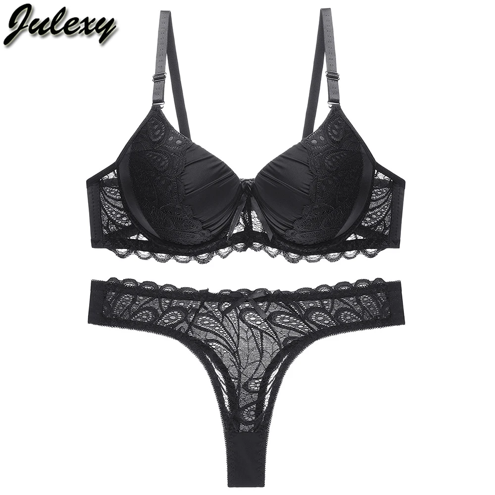 Cheap Julexy New 2021 Sexy Lace Women bra set thong hollow out bra Panty  Set lingerie brief set