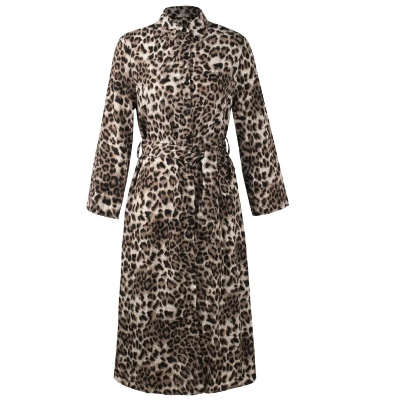 New Women Leopard Print Ankle Length Beach Dress Bow Tie Sashes Long Sleeve Retro Ladies Chic Dresses Sexy V Neck Robe Vestidos