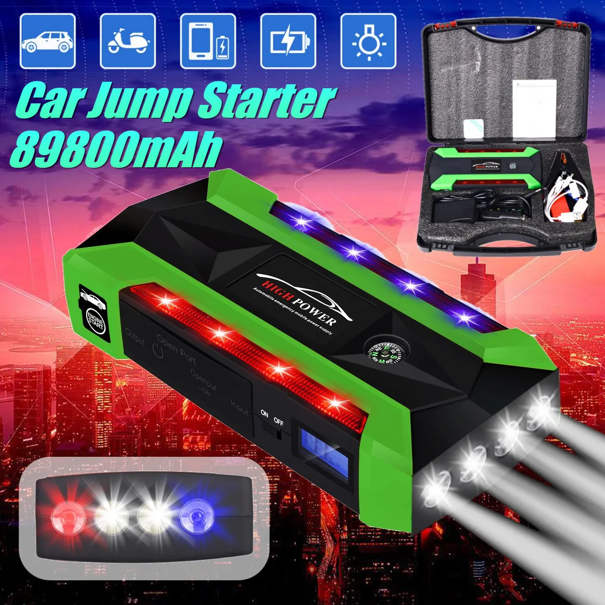 Multi-Function Portable 89800mAh Emergency Battery Charger Car Jump Starter 4 Lamp USB Power Bank Starting Device US/UK/AU/EU