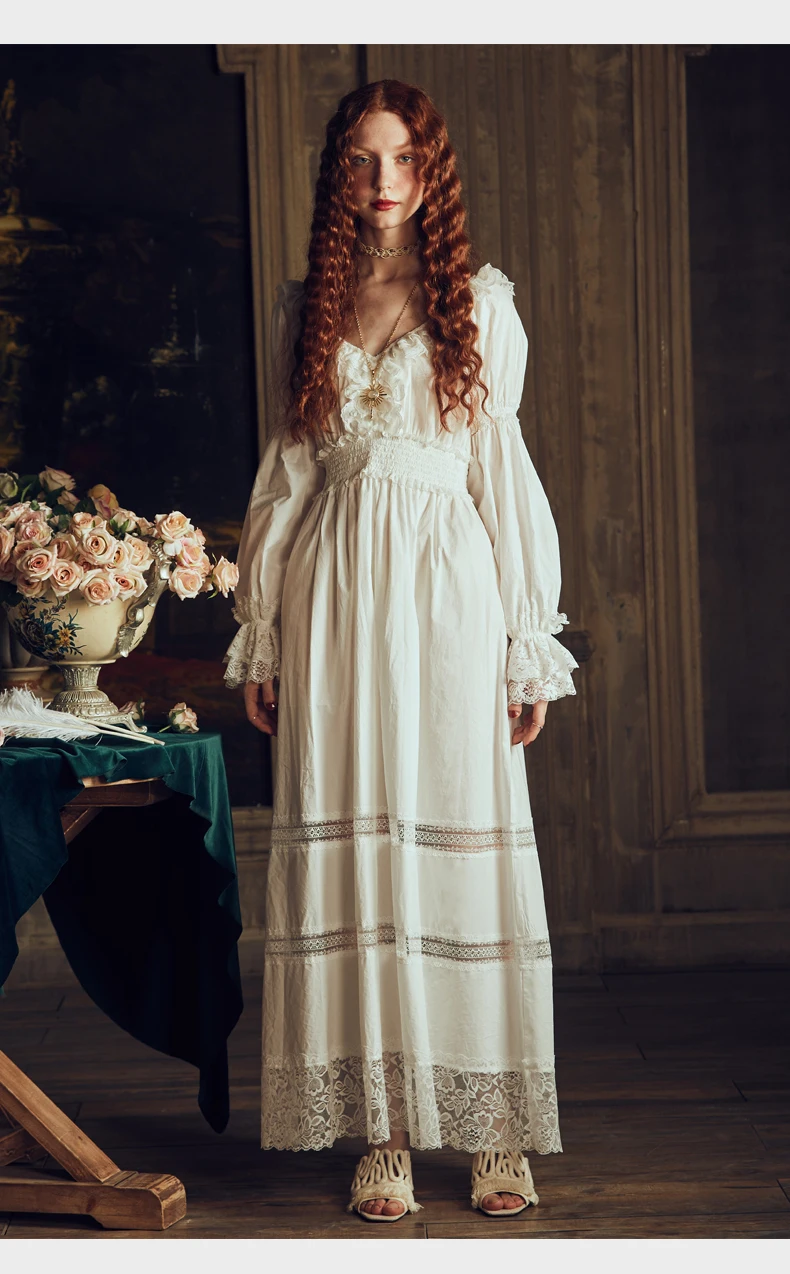 Винтажная сексуальная пижама Женская хлопчатобумажная сорочка в средневековом стиле белое платье королевы с v-образным вырезом Ночное платье Лолита Принцесса арабское домашнее платье
