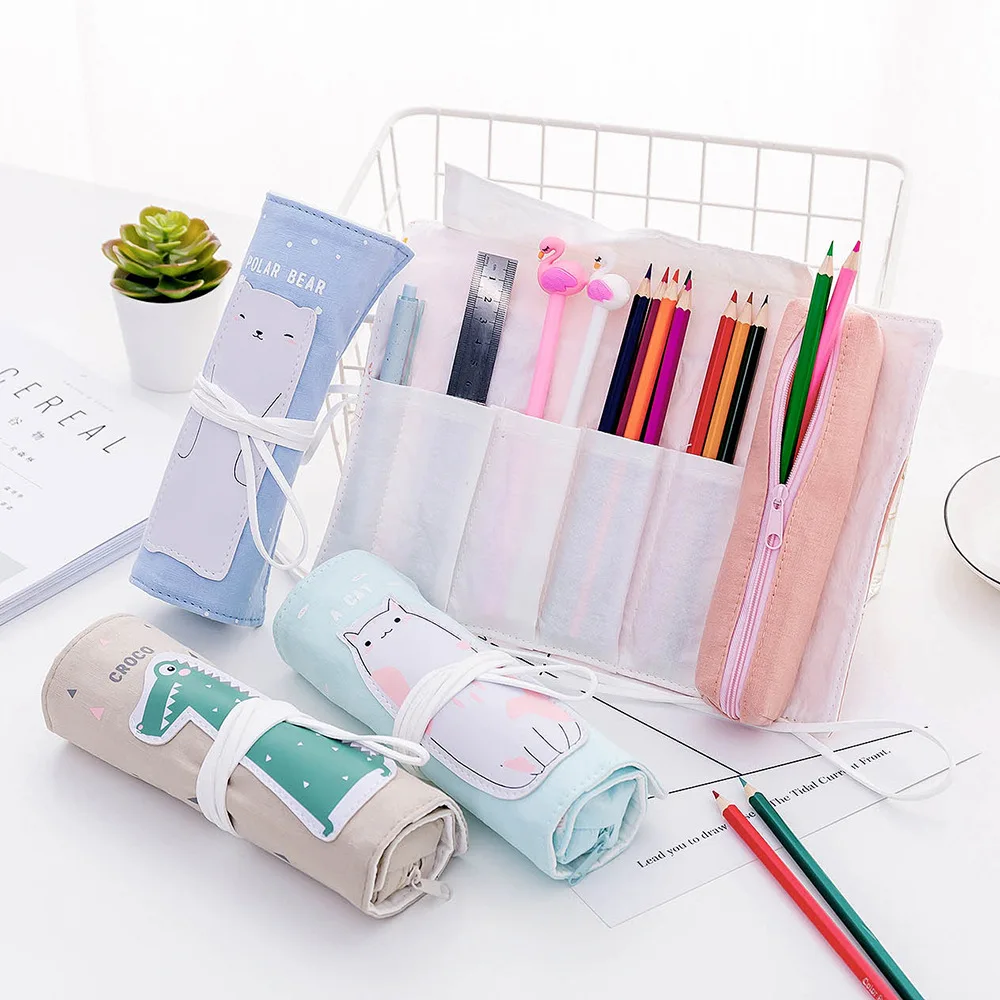 Canvas Pencil Case Bags Roll Pouch Makeup Cosmetic Brush Pen Storage