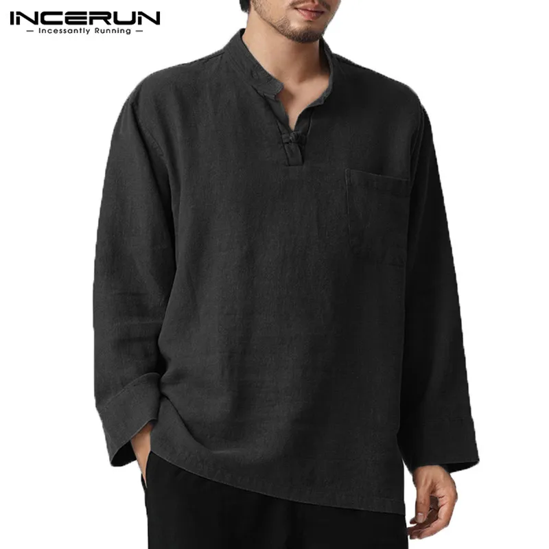 INCERUN мужские футболки модные Пуловеры Рубашки с v-образным вырезом Ретро китайские пуговицы нагрудные карманы простые 5XL Camisas Hombre Plus