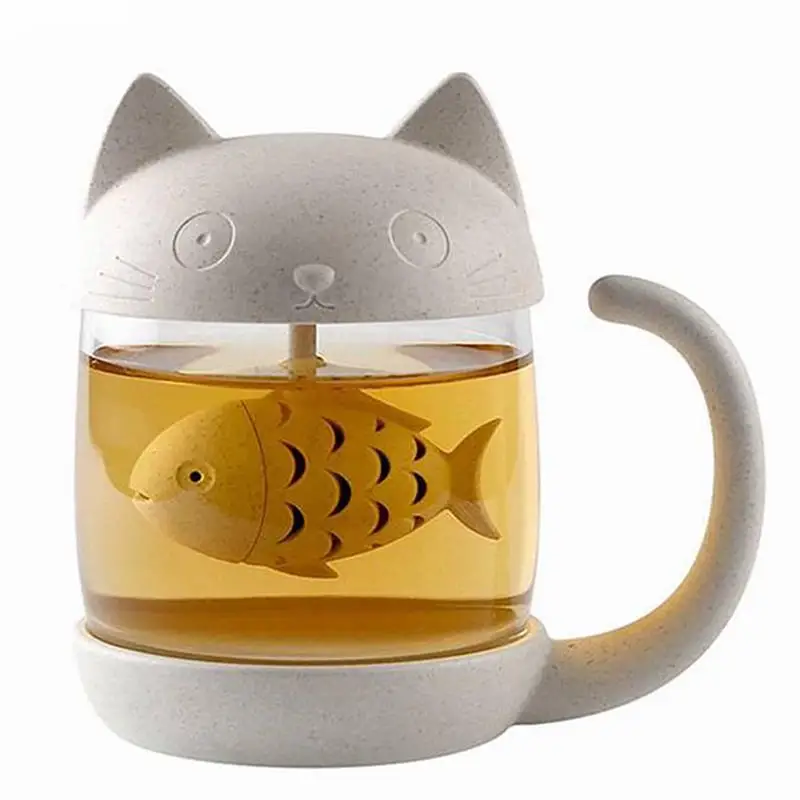 Cute Cat Tea Coffee Cup With Tea Strainer Infuser Glass Mug Teapot