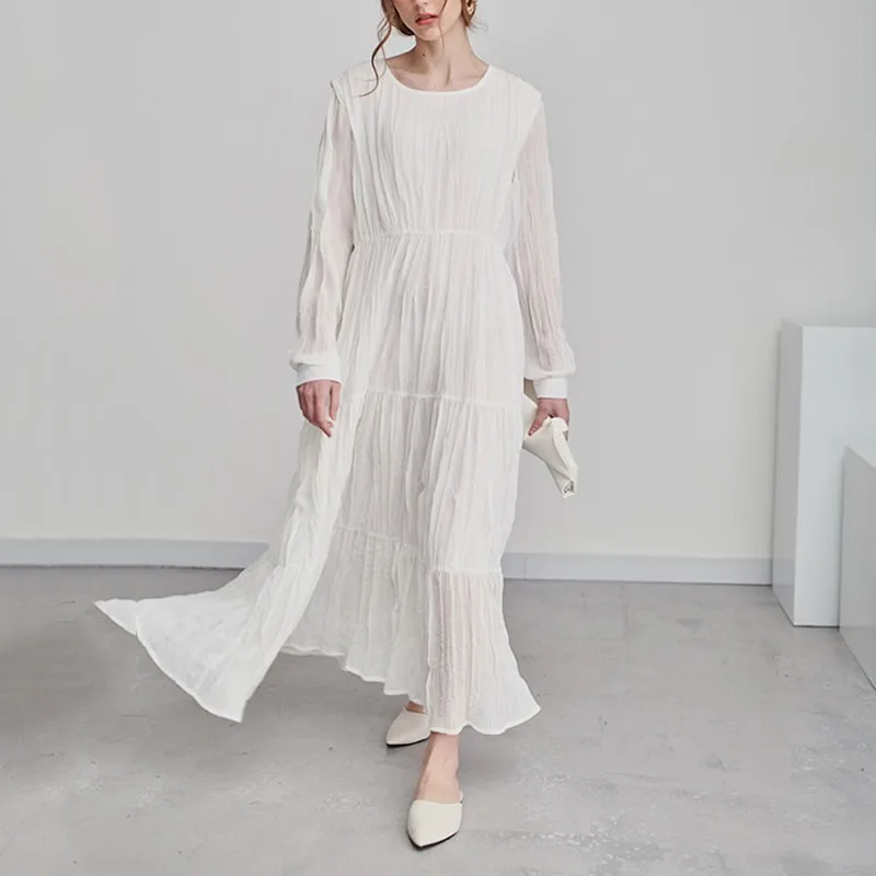 

[YaLee] New Spring Summer 2019 Fashion Vintage Simple Round Collar Long Sleeve Splice Loose Pleated Dress Women Y094