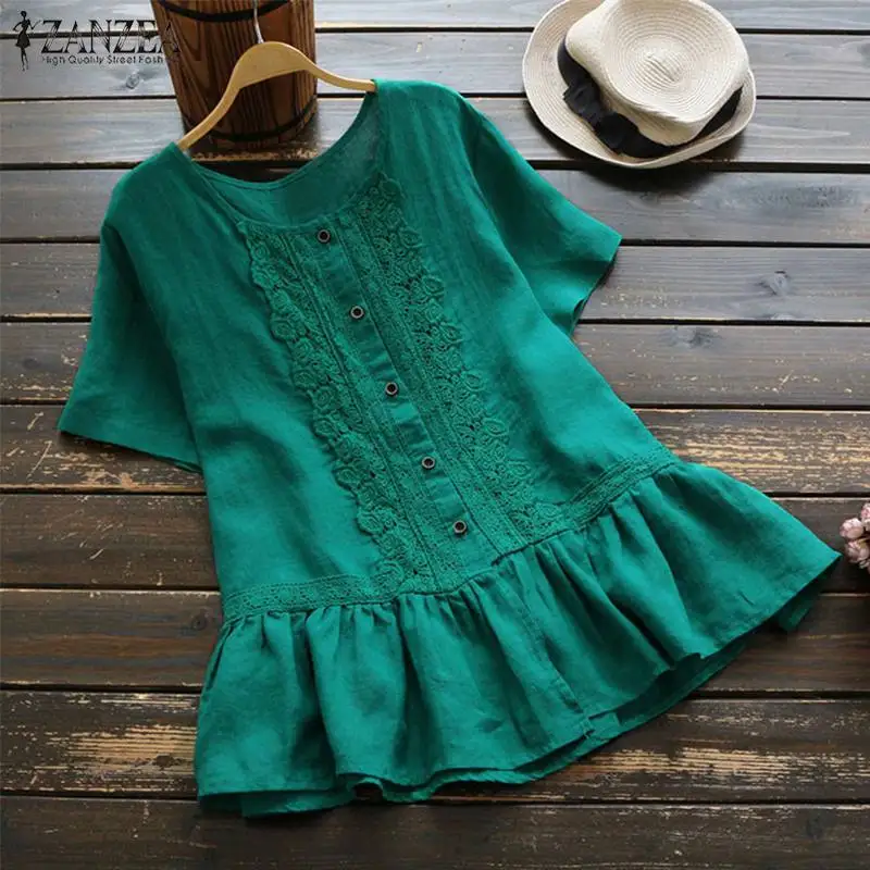 2019 ZANZEA الصيف الصلبة يا الرقبة فضفاض Blusas النساء عارضة قصيرة الأكمام تكدرت بلوزة خمر الدانتيل الكروشيه حزب قمصان قمم