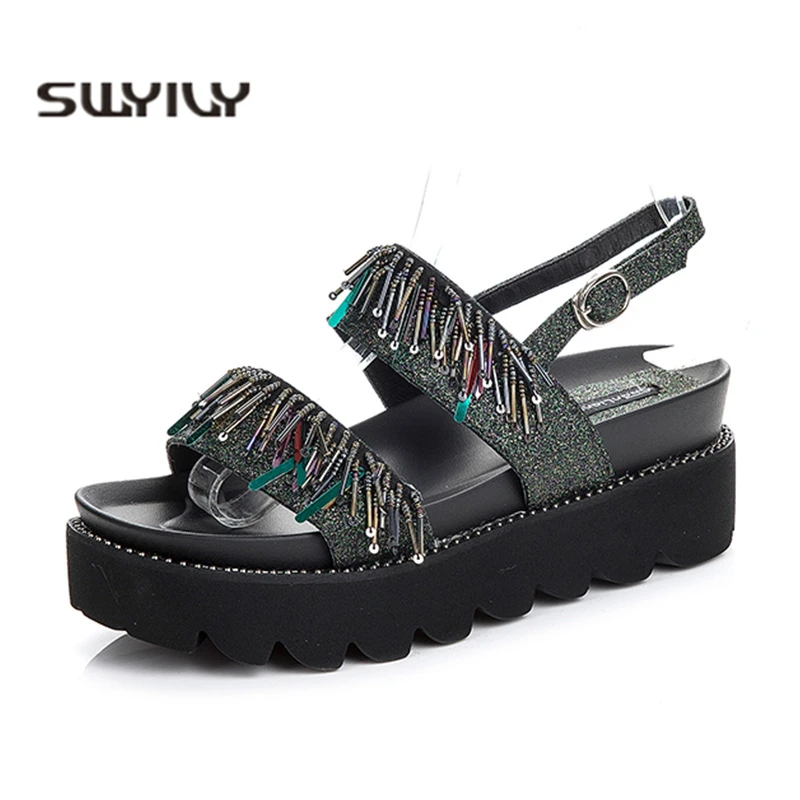 SWYIVY Chunky Sandals Shoes Woman Summer Platform Casual Shoes Black 2019 New Rhinestone Lady Sandals For Woman Wedge Shoes