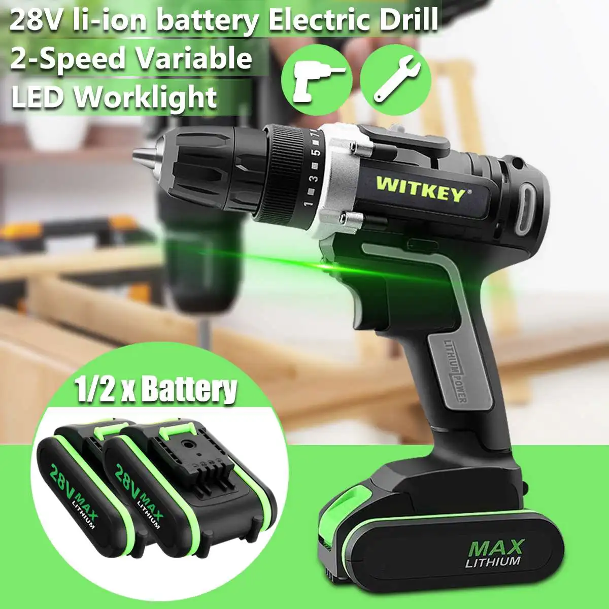 

28V Two Speed Variable Wireless Electric Screwdriver Cordless Hammer Drill 0.8-10mm Chuck Driver Power 48Nm Led Light Power Tool