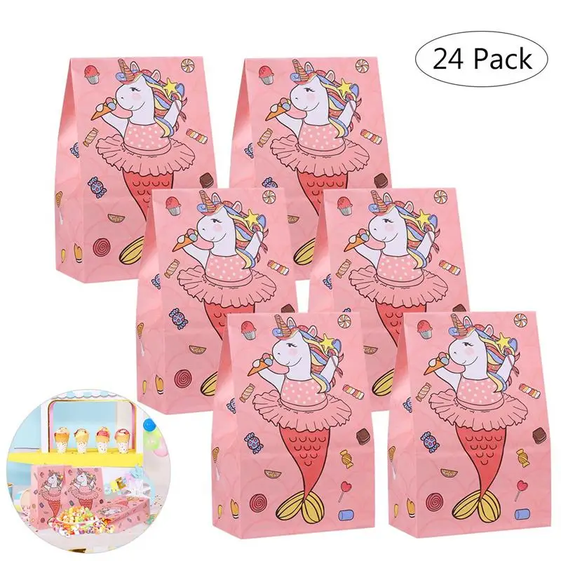 24PCS Unicorn Goodie Bags Paper Gift Bags Red Flower Treat Bag Birthday Supplies 