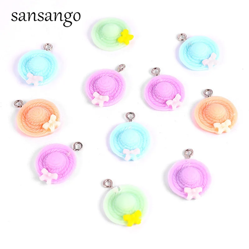 

10pcs Charms Mix-color Resin Straw Hat Pendant Beads For Jewelry Making DIY Cute Keychain Necklace Accessories Fit Girl Women
