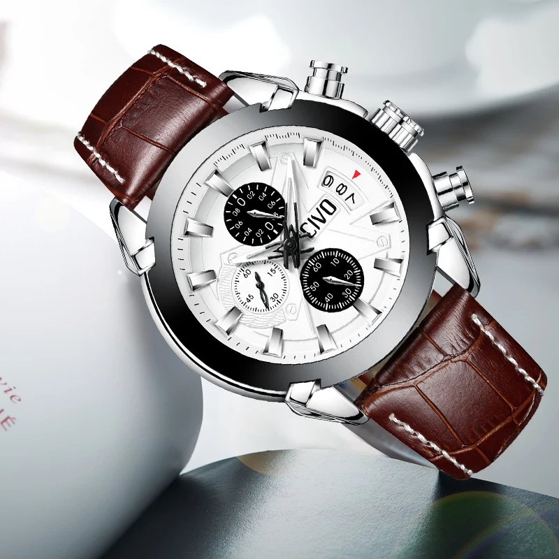 

CIVO Waterproof Sport Watches For Men Genuine Leather Quartz Watch Fashion Chronograph Date Calendar Casual Luxury reloj hombre