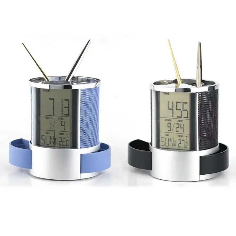 

Electronic Stainless Steel Mesh Perpetual Calendar Pen Holder Multifunctional Electronic Clock Pen Holder For Office
