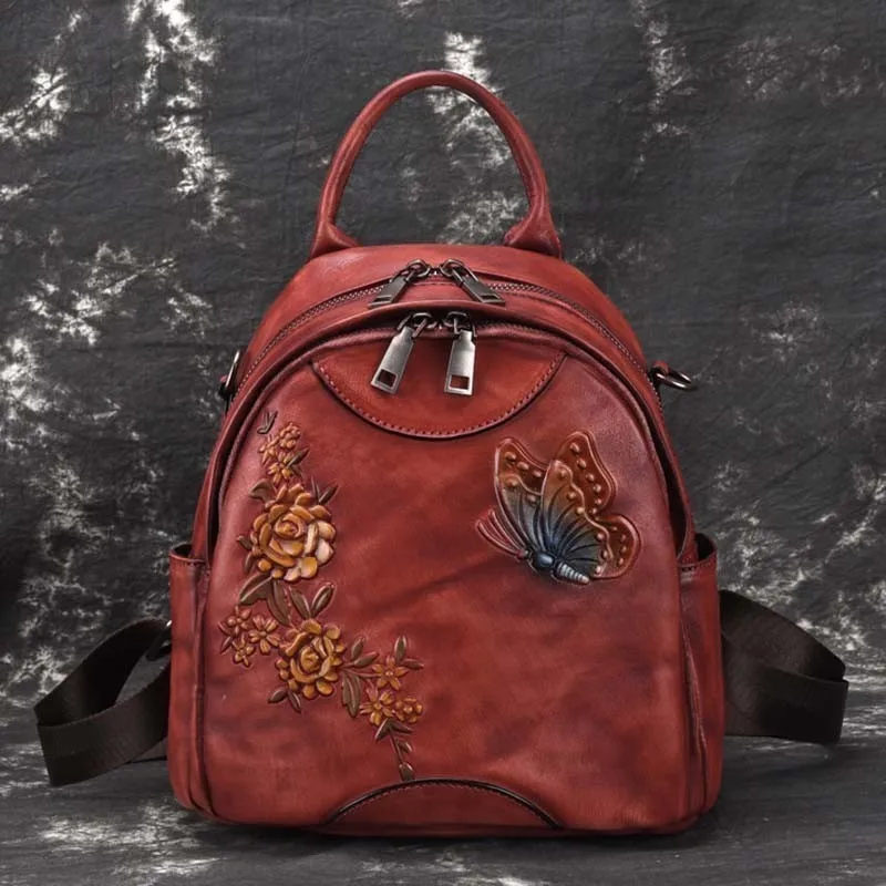 

Genuine Leather Backpack Women Butterfly and Flower Embossed Backpacks for Teenagers Travel Bags Mochilas Rucksack School Bags