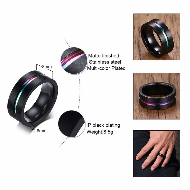 Vnox 8mm Black Ring for Men Women Groove Rainbow Stainless Steel Wedding Bands Trendy Fraternal Rings Casual Male Jewelry