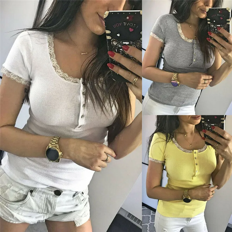 

Women Short Sleeve T Shirts Fashion Ladies Summer Casual Tops Shirt Lace Patchwork Square Collar