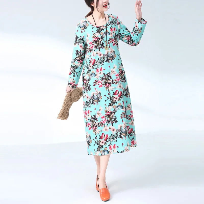 

Spring Summer Women Cotton Linen Vintage Dress Casual Loose Floral Print Party Dresses Vestidos