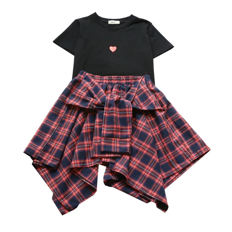 

Short Sleeves School Uniform Girl t-shirt and Red/Tibetan Blue Plaid Skirt Uniforms