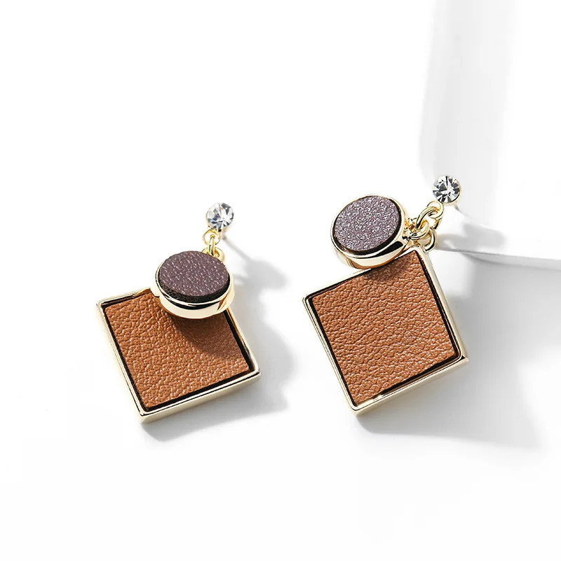 

DuoTang 925 Silver Needle Simple Fashion Geometric Earrings Female Gold Color Rhinestone Square Leather Dangler Earrings
