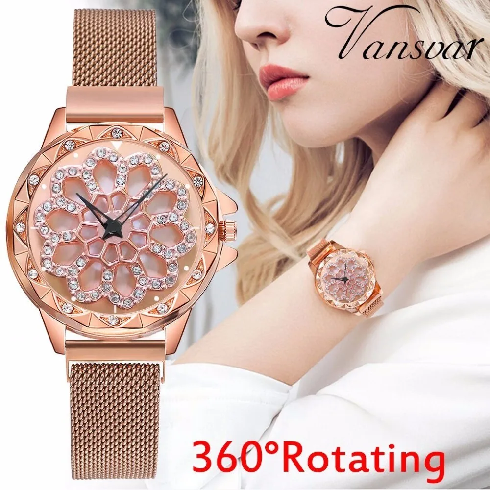 

Women Mesh Magnet Buckle Lucky Flower Watch 360 Rotated Luxury Ladies Rhinestone Quartz Watch Relogio Feminino