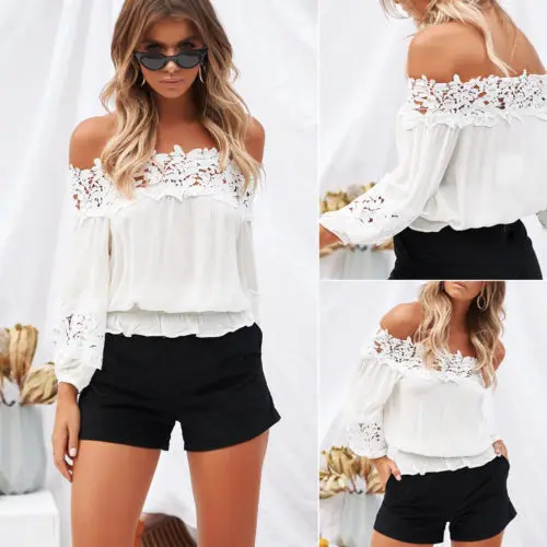 2019 White Ruffle Patchwork Slash Neck Fashion Women's Summer Off Shoulder Long Sleeve Casual Lace Blouse Loose Tops Shirt |