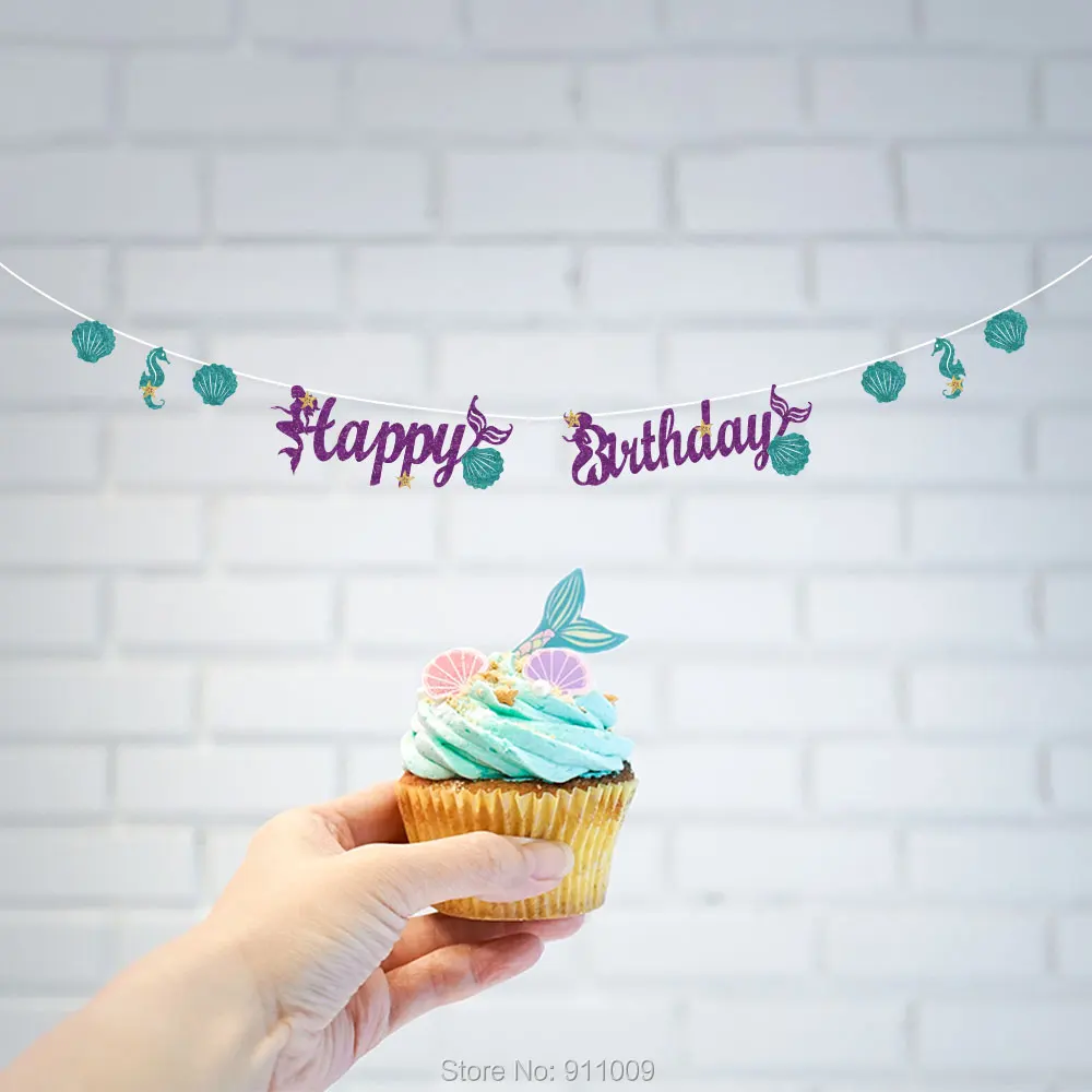 

Happy Birthday Party Banners Mermaid Theme Party Decorations Party Backdrops Shell Hanging Bunting Party Supplies BA104