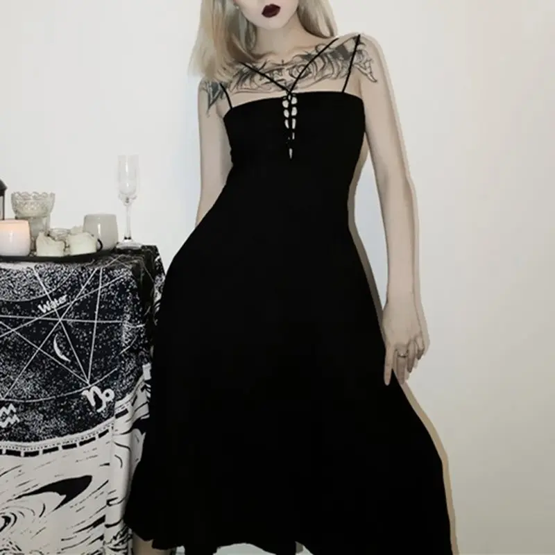 

Women Sexy Gothic Summer Dress Cross Strap Stylish Backless Evening Elegant Lace Up Slim 2019 Goth Black Party Club Midi Dresses