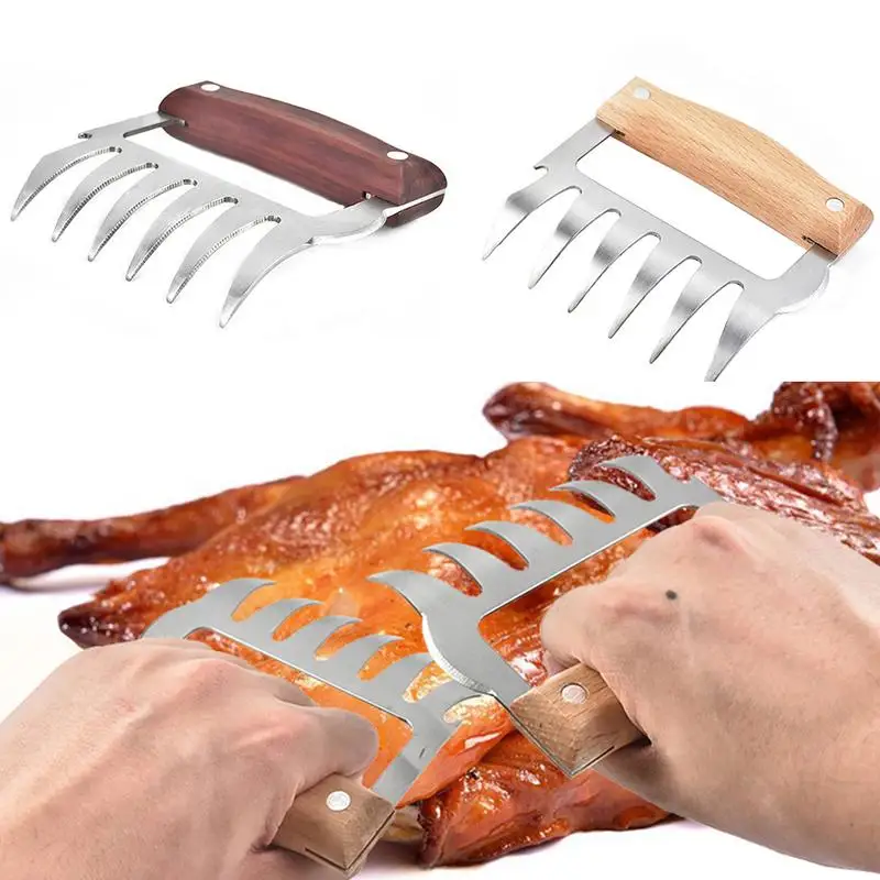 

2pcs Meat Shredder Bear Claws Stainless Steel Meat Shredder Wood Handle Cutter Bottle Opener Barbecue Tool