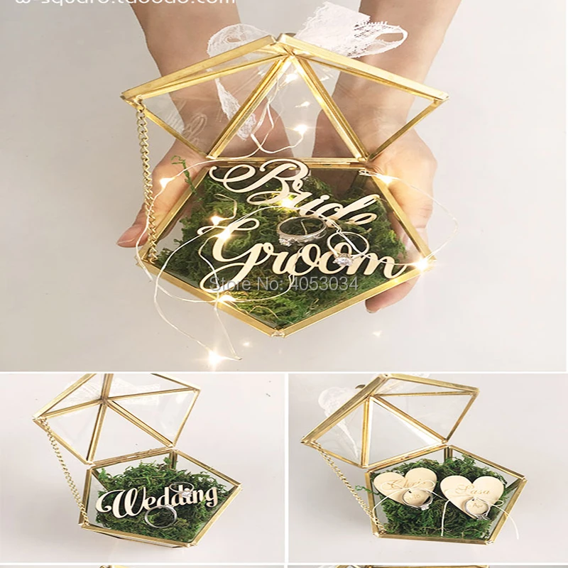 

Personalized Glass Ring Box Copper Wedding Ring Bearer Box Stained Glass Ring Pillow Hexagon Box Geometric Jewelry Box