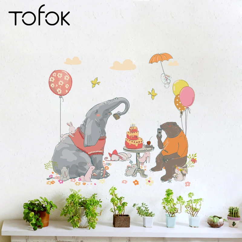 

Tofok Hand Painted Elephant Wall Sticker Cartoon Bear Home Decor for Bedroom Nursery Coffee Store Mural Decals PVC Wallpapers