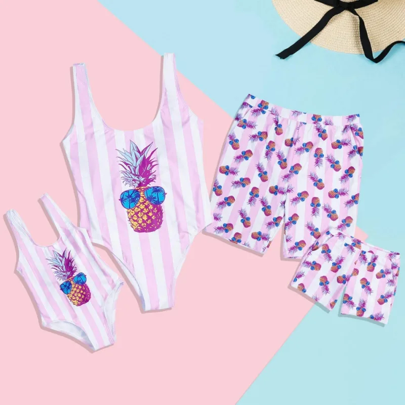 

Family Matching Clothes Striped Pineapple Print Swimsuits Mother Daughter Swimwear Dad Son Swimming Trunks Family Look Outfits