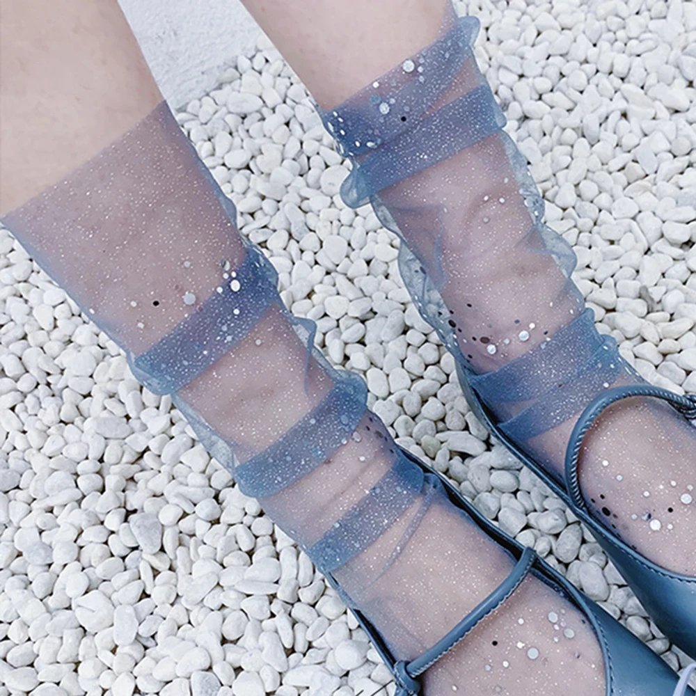 

Summer Sexy Retro Lace Floral Mesh Women Girl Socks Elastic Fashion Lady Soft Short Socks Wild Pile Socks Shining Chiffon