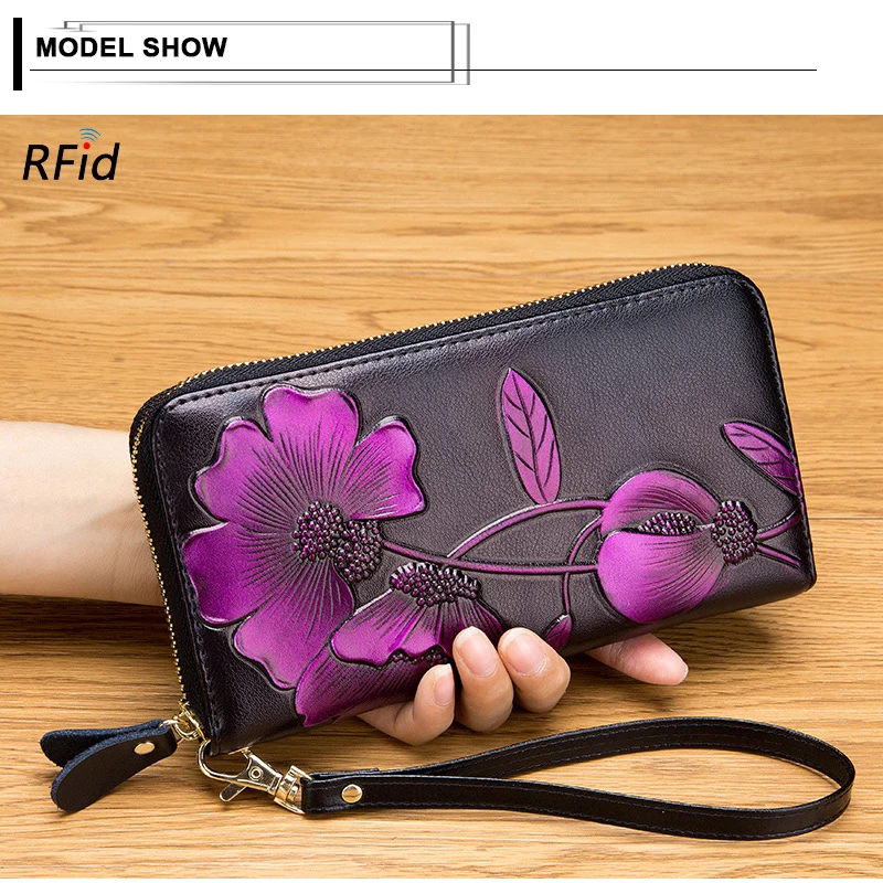 Натуральная кожа женская кожа цветок багряника узор длинные кошельки RFID кредитный держатель для карт кошелек телефон наручные сумки и кошелек