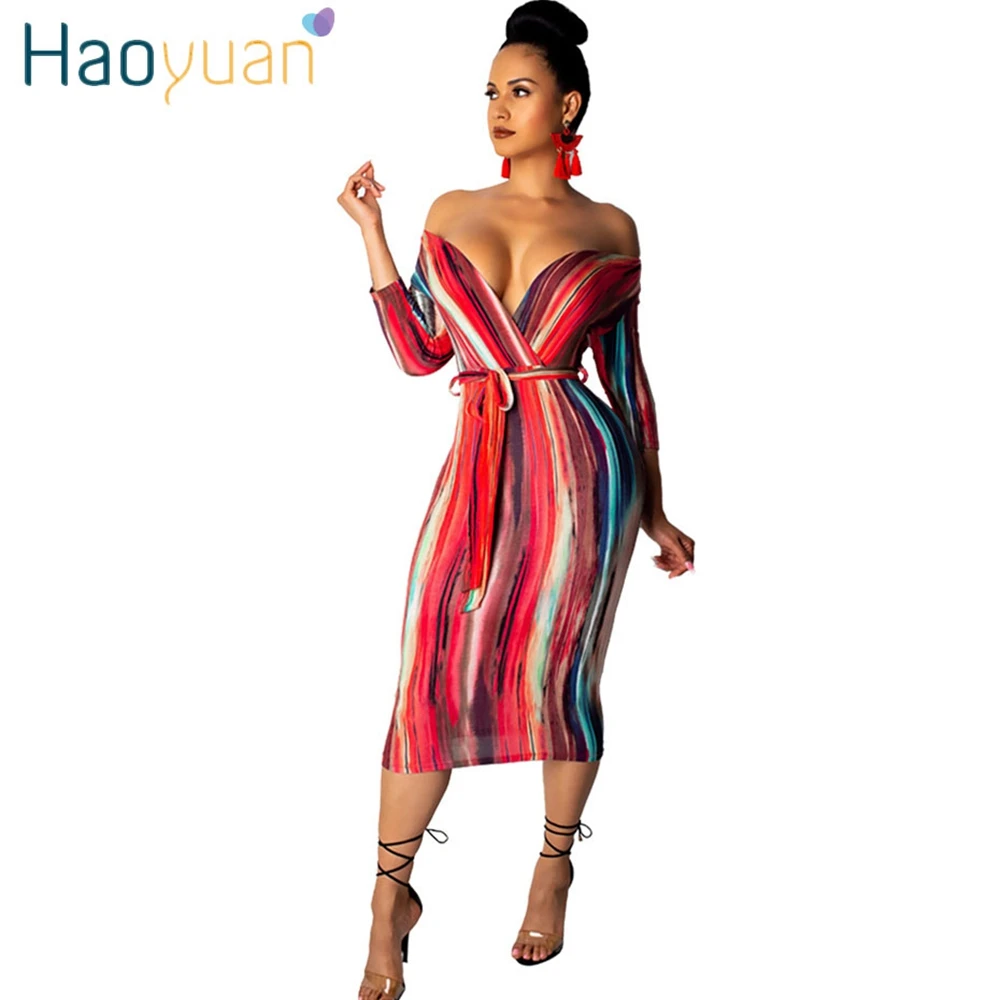 

HAOYUAN Striped Tie Dye Bodycon Dress Women 2019 Summer Vestidos Half Sleeve Robe Sexy Party Dress Elegant Midi Bandage Dresses