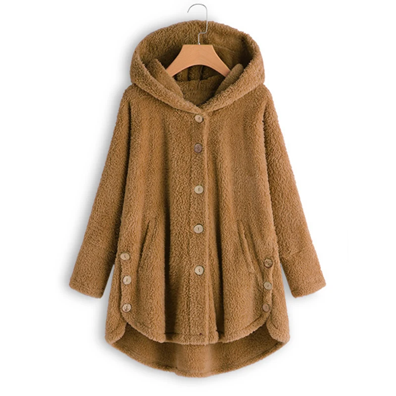 

Women Faux Fur Coat Ladies Jackets Winter Long Sleeve Warm Soft Hooded Outwear Casual Buttons Female Plush Overcoat Plus Size