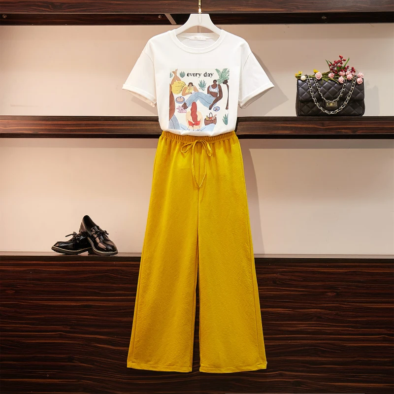 

New Fashion 2019 Summer Women Set Vintage Printing Short Sleeve Cotton T-shirt Top + Casual High Waist Wide Leg Pants 2piece Set