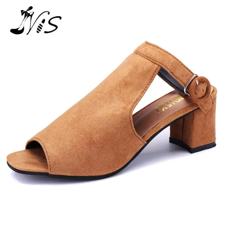 

NIS Slingback Gladiator Sandals Women High Heels Summer Shoes Woman Peep Toe Ankle Buckle Strap Block Heel Faux Flock Sandals