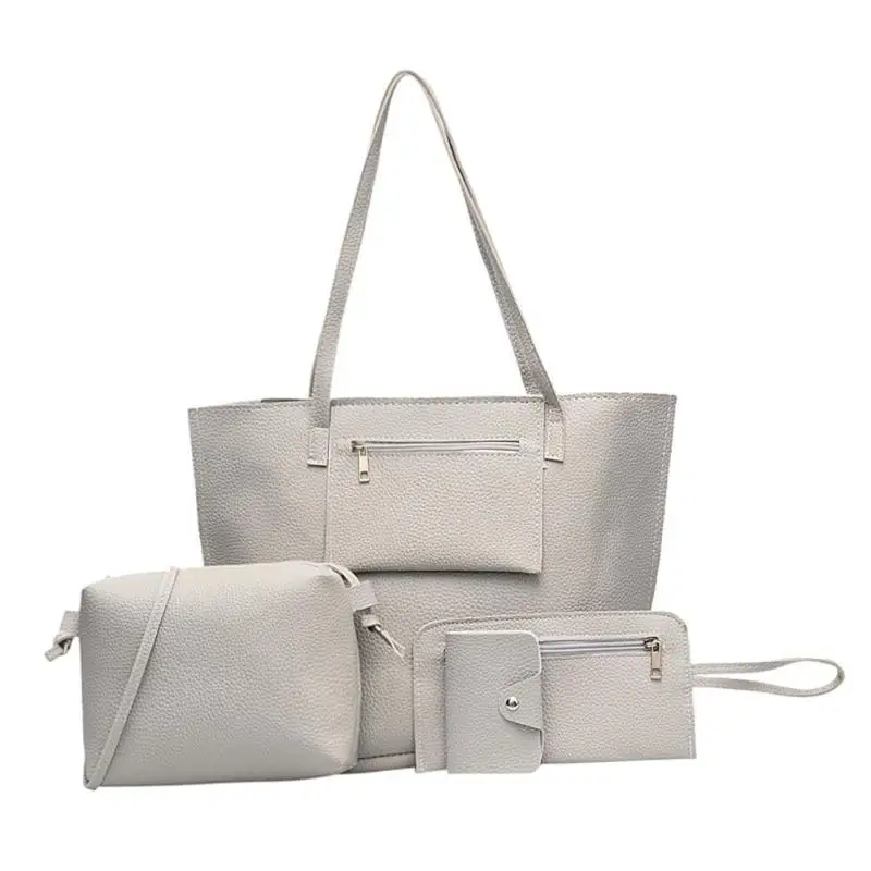 

4pcs/set Solid Color Litchi Pattern Shoulder Handbags Clutch for Women Totes Card Holder Composite Bags 2019 Hot Selling