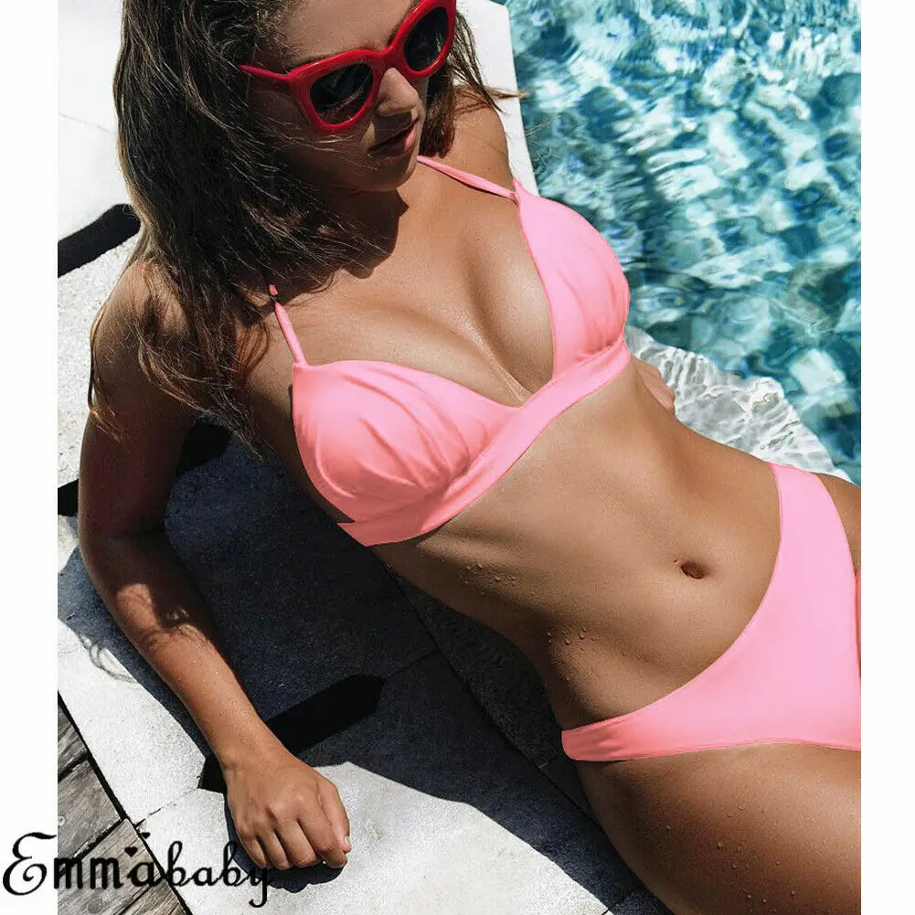 New Summer Women 2Pcs Micro Halter Strappy Swimsuit Swimwear Push-up Padded Bra Monokini Bikini Bathing | Женская одежда
